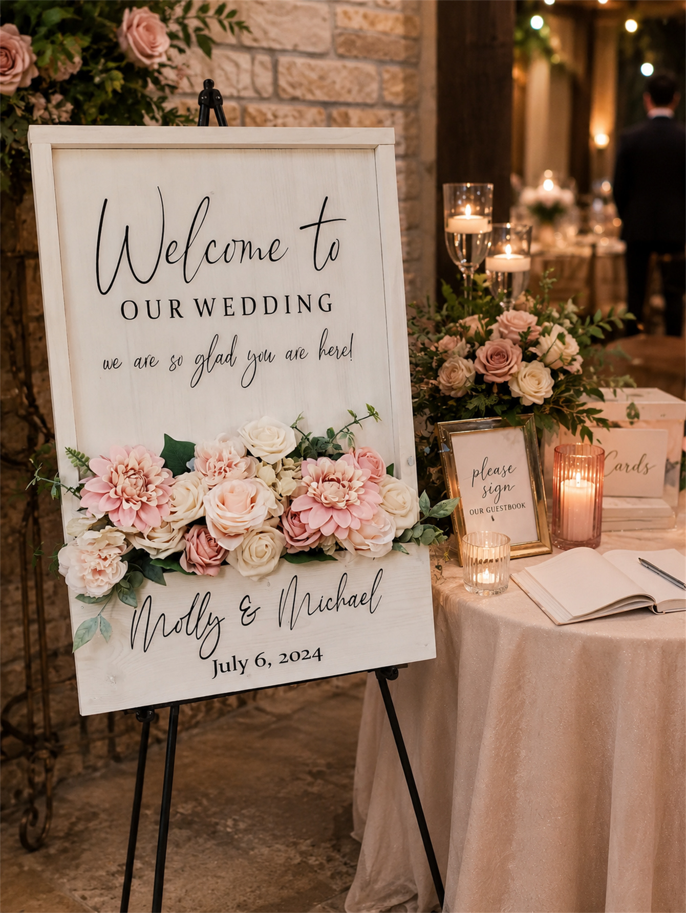 Wooden wedding welcome signs and flowers, custom flower box wedding signs, simple wedding entrance decorations, personalized name and date signs, ceremony reception